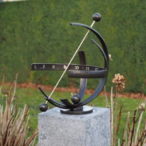 Bronze armillary sphere sundial Helios sculpture 47cm wide on garden pedestal