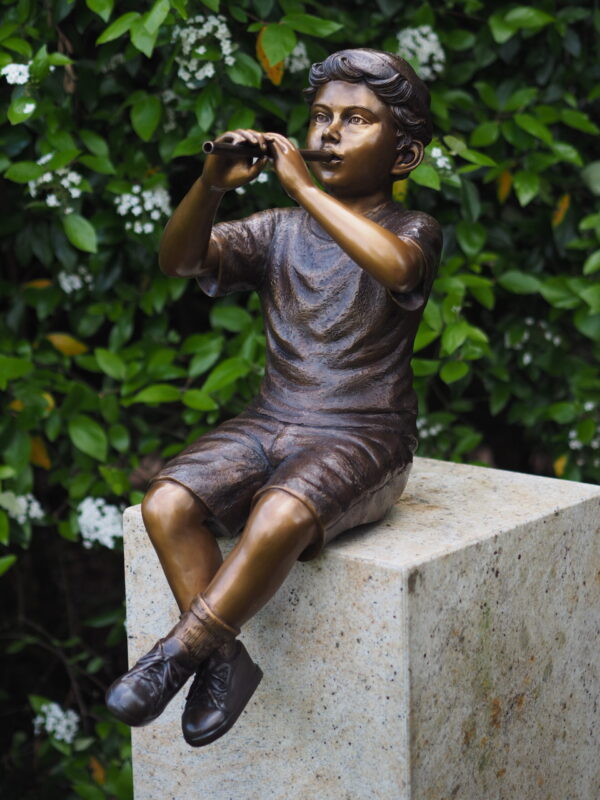 Solid Bronze Boy Fountain Playing Flute Sculpture 1 | Avant Garden
