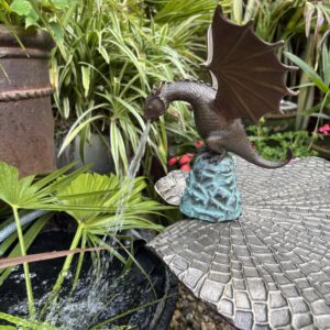 Bronze Dragon Fountain Sculpture Garden Ornament Water Feature FO 57 bronze dragon fountain ornament with wings extended, creating a decorative water display.