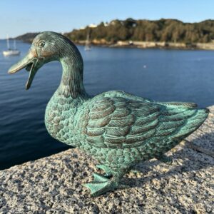 Bronze Duck Sculpture Verdigris Fountain Water Feature FO 16 close side view showing textured bronze plumage