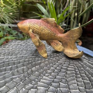 Bronze Fish Gold Fantail Sculpture Fountain Water Feature FO 71 decorative bronze fantail fish water feature with detailed scales and flowing fins.