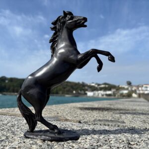 Bronze rearing horse sculpture displayed beside the sea in Guernsey harbour