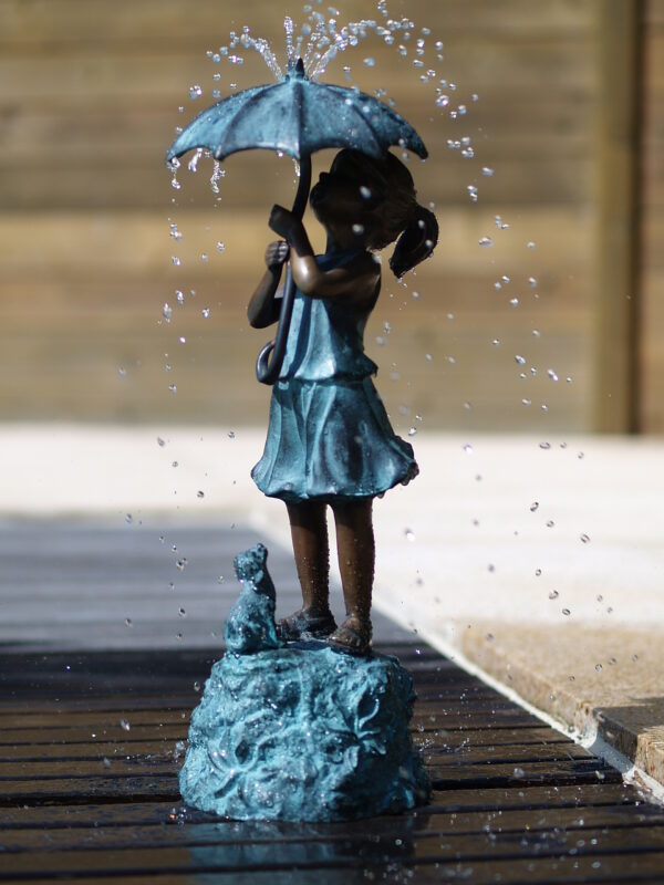 Solid Bronze Girl Umbrella Fountain 1 | Avant Garden