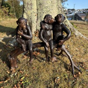 Naughty Monkeys Trio of Bronze Chimpanzees Sculpture WI 59 – complete bronze monkey group displayed beneath a mature tree