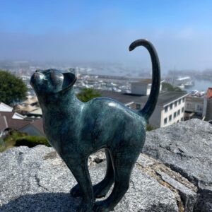 bronze cat sculpture elegant standing feline ornament verdigris patina for home or garden display