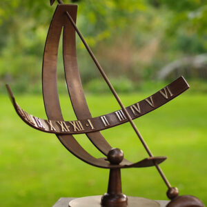 49cm bronze armillary sphere sundial with polished Roman numerals, crescent moon detail and circular base for pedestal placement