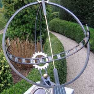 68cm solid bronze armillary sphere sundial with Arabic numerals and industrial wheel detail in verdigris finish for pedestal placement