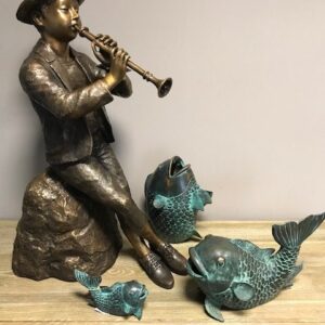 Solid Bronze Boy Fountain Pipe Player & Koi Carp 1 | Avant Garden