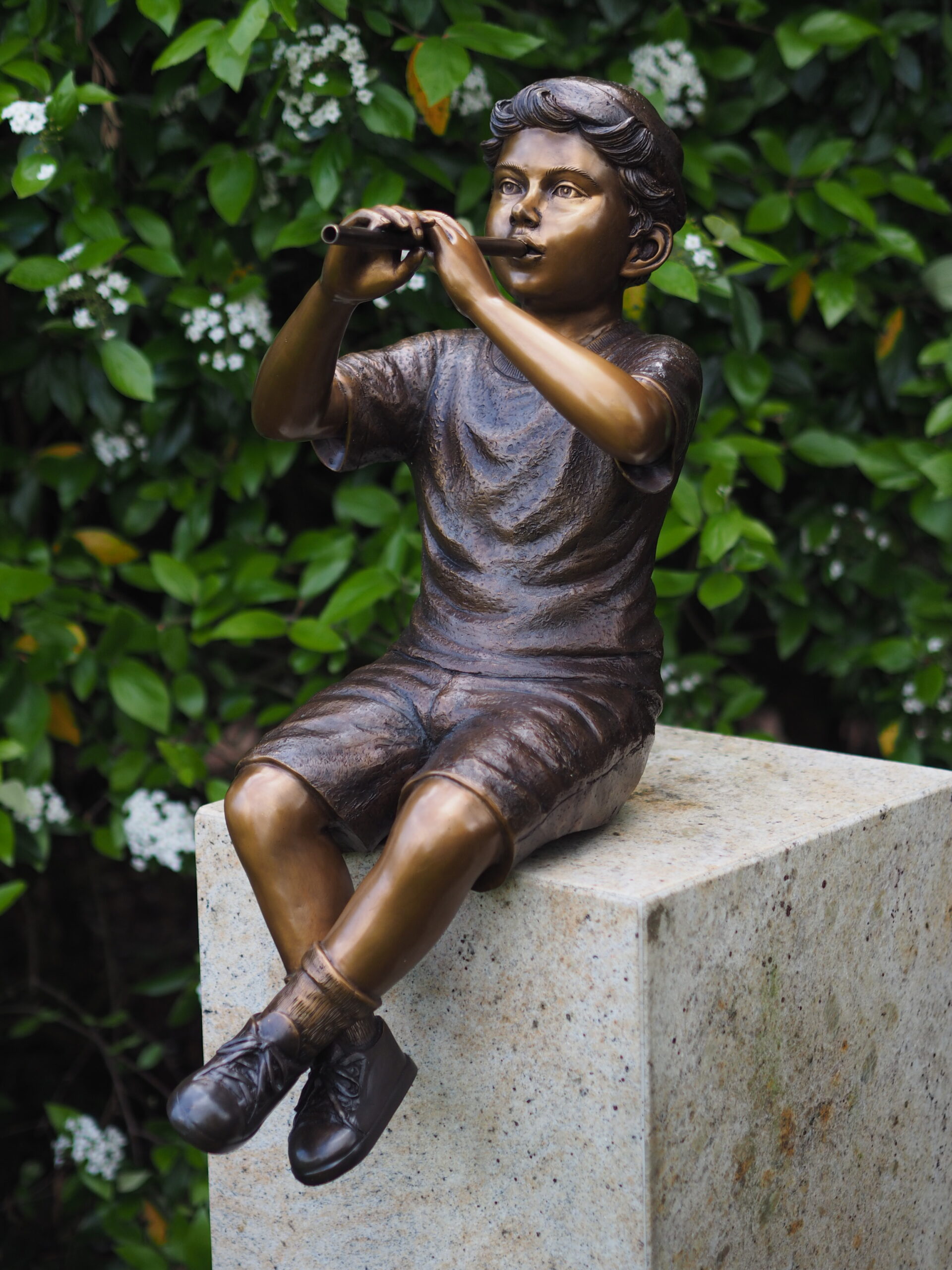Musical Boy Fountain Playing Flute Water Feature Sculpture FIBO 43 1 | Avant Garden Bronzes