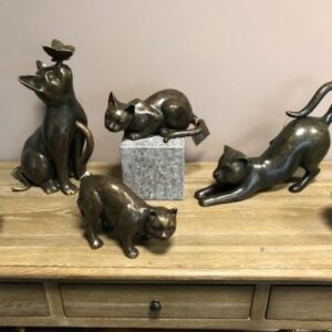 Solid Bronze Cat Statue with Butterfly CA 2