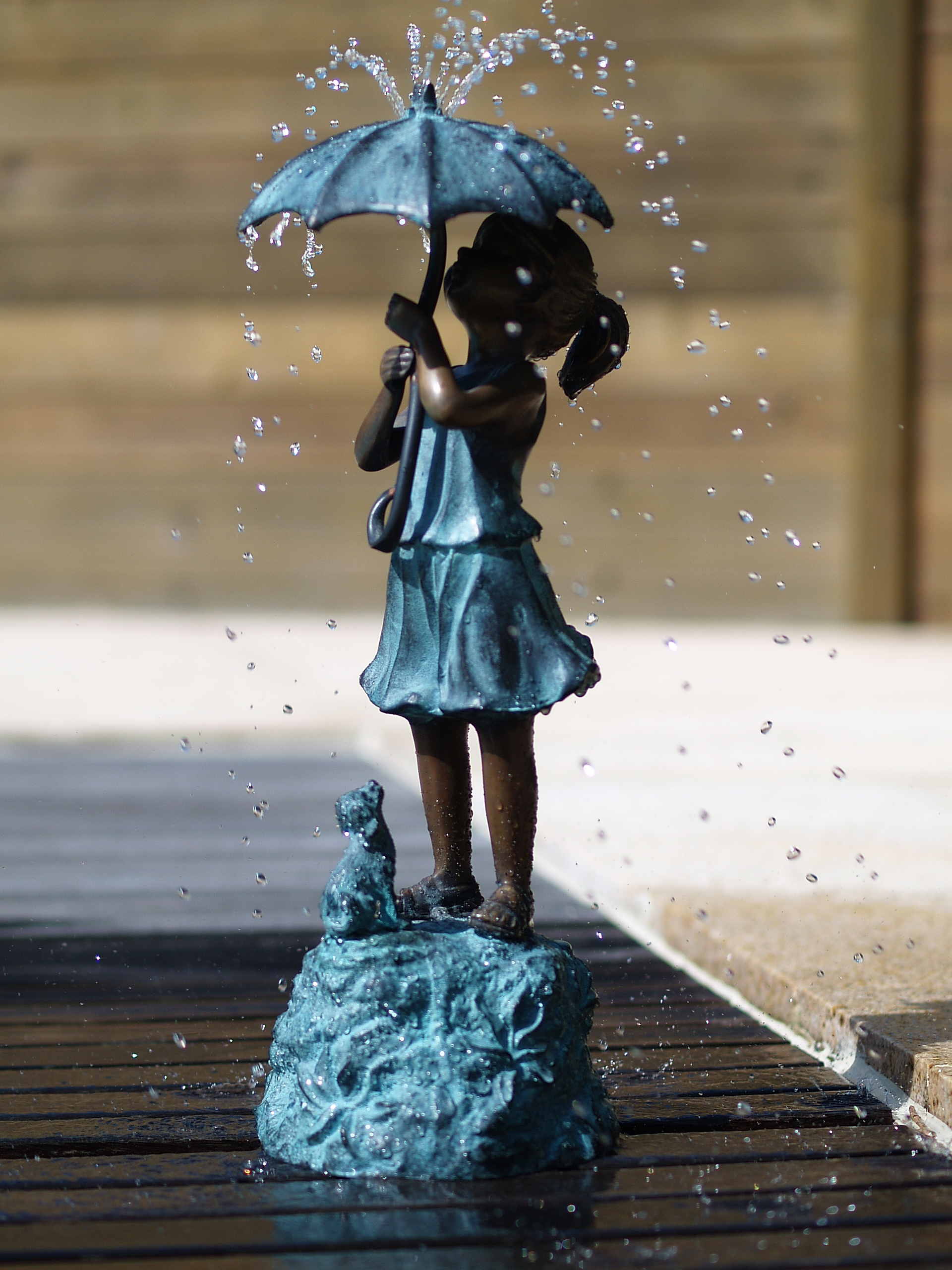 Girl Umbrella Fountain Dog Water Feature Bronze Sculpture FO 54 1 | Avant Garden Bronzes