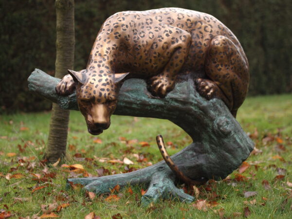 Bronze Leopard Wild Cat On Tree Trunk Sculpture WI 14 1 | Avant Garden Bronzes