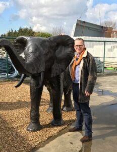 WI 40 Elephant for Garden Fountain Water Feature Bronze next to Nick Martel to give full scale of this extra large sculpture