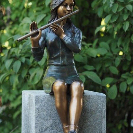 FIGI 75 Solid Bronze Fountain Tall Girl Sitting Flautist Sculpture 1 | Avant Garden Bronzes