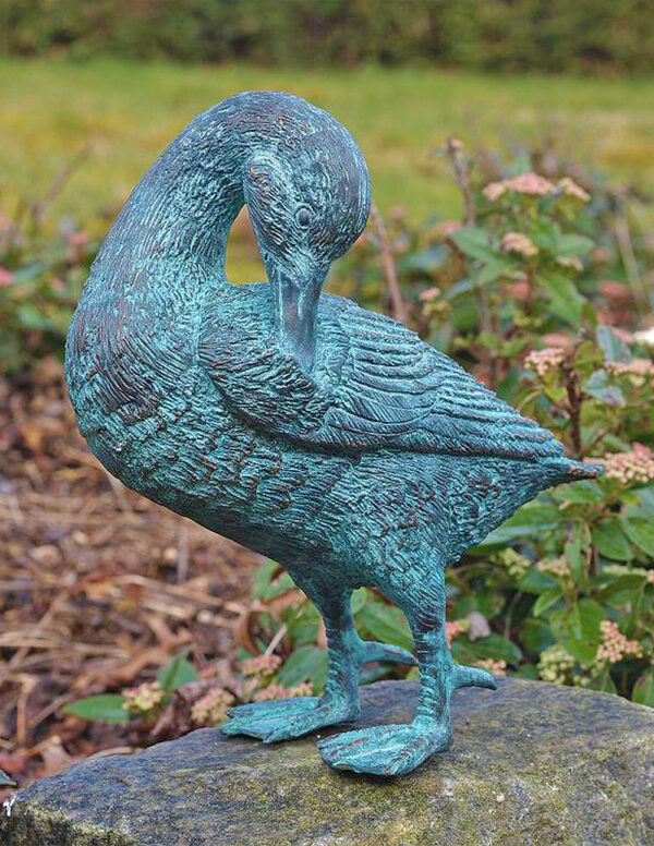 Bronze Sculpture Duck Preening Verdigris Decor Ornament | Avant Garden Bronzes