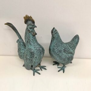 Verdigris Chicken & Cockerel Bronze Sculpture 1 | Avant Garden Bronzes