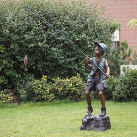 Boy Standing On Rock Fishing Fountain Water Feature Bronze Sculpture 1 | Avant Garden Bronzes