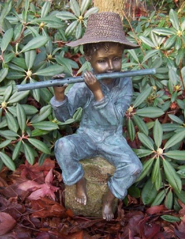 FIBO 31 Fine Cast Solid Bronze Sculpture Boy Playing Pipe Fountain 2 | Avant Garden Bronzes