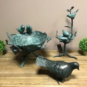 Solid Bronze Birds Nest Feeders & Pigeon Sculpture 1 | Avant Garden Bronzes