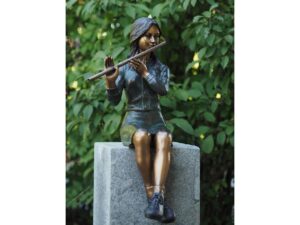 Bronze flautist girl seated fountain sculpture with water flowing from flute