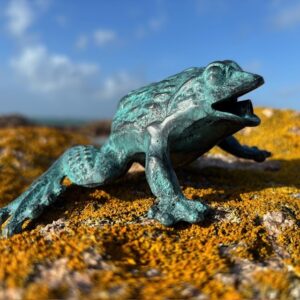Bronze frog spitting fountain sculpture on granite at Grandes Rocques on Guernsey's west coast