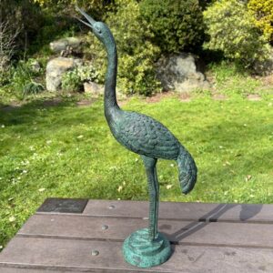 bronze sculpture heron garden bird verdigris ornament facing left for pond patio or garden display