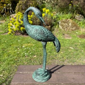 bronze sculpture heron preening verdigris bird ornament for pond patio or garden display