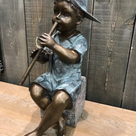 FIBO 7 Fine Cast Solid Bronze Sculpture Boy sitting playing Flute 7 | Avant Garden Bronzes