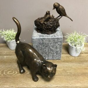 BI 8 Solid Bronze Bird with Chicks in Nest & Cat Sculpture 1 | Avant Garden Bronzes