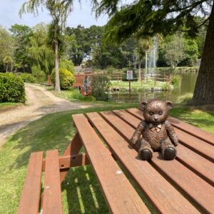 Teddy Bear Bronze Sculpture bon picnic bench 1 | Avant Garden Bronzes