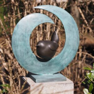 Jenny Wren Modern Abstract Bird Bronze Sculpture with stunning verdigris surround and brown patina.