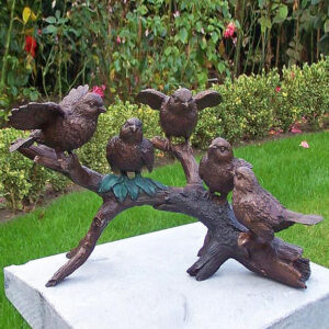 bronze sparrows sculpture 5 birds perched on branch animated bird ornament for home or garden display