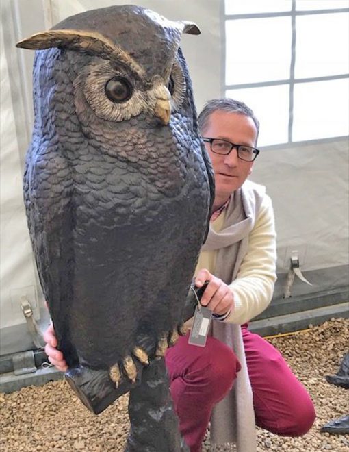 XL bronze owl sculpture perched on log large outdoor bird statement piece