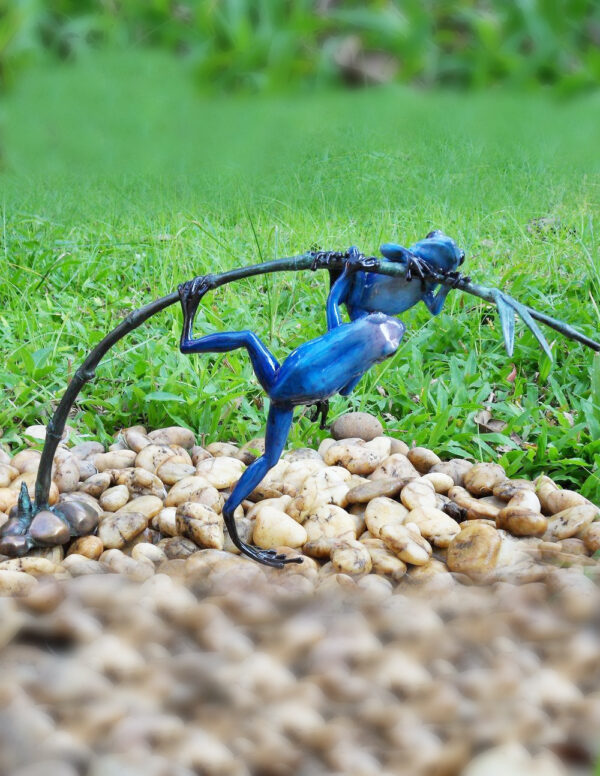 Bronze Frog Pair Blue Glaze Patina On Twig MI 10 1 | Avant Garden Bronzes