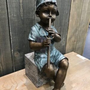 FIBO 7 Fine Cast Solid Bronze Sculpture Boy sitting playing Flute 6 | Avant Garden Bronzes