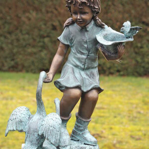 Young Girl Feeding Two Geese Fountain Bronze Water Feature Sculpture FO 31 1 | Avant Garden Bronzes