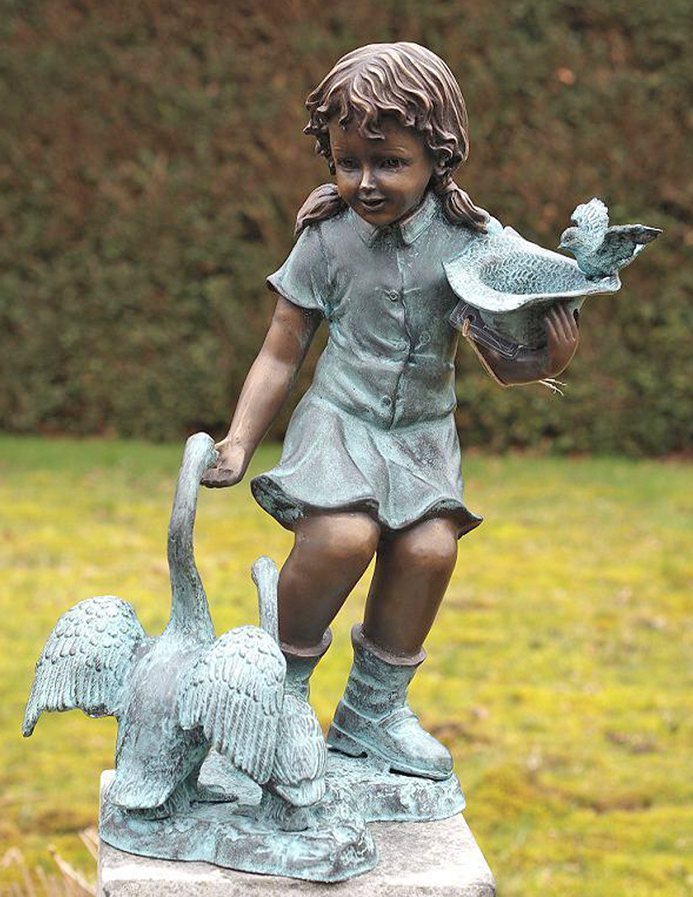Young Girl Feeding Two Geese Fountain Bronze Water Feature Sculpture FO 31 1 | Avant Garden Bronzes