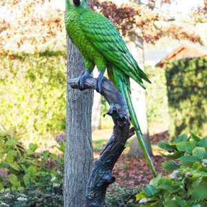 Solid bronze green macaw parrot sculpture with vibrant green finish, a spectacular lifesize exotic bird statue for luxury gardens.