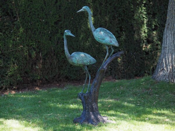 Verdigris Cranes Perched Bronze Bird Sculpture 130cm 1 | Avant Garden Bronzes