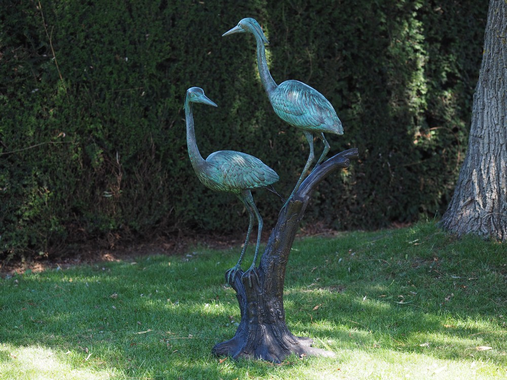 Verdigris Cranes Perched Bronze Bird Sculpture 130cm 1 | Avant Garden Bronzes