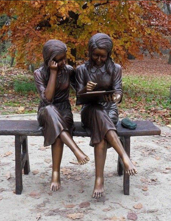 FIGI 62 Fine Cast Solid Bronze Girls Studying on Bench 2 | Avant Garden Bronzes