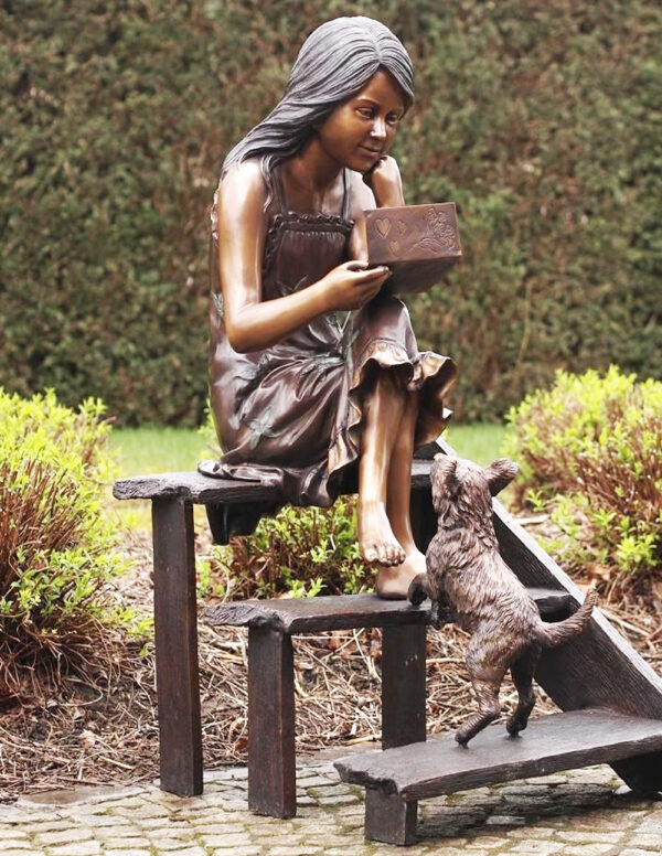 FIGI 11 Solid Bronze Girl with Dog On Steps Sculpture 1 | Avant Garden