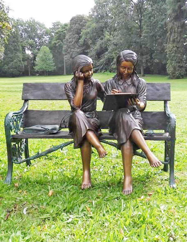 FIGI 27 Solid Bronze Study Time Bench Two Girls 1 | Avant Garden Bronzes