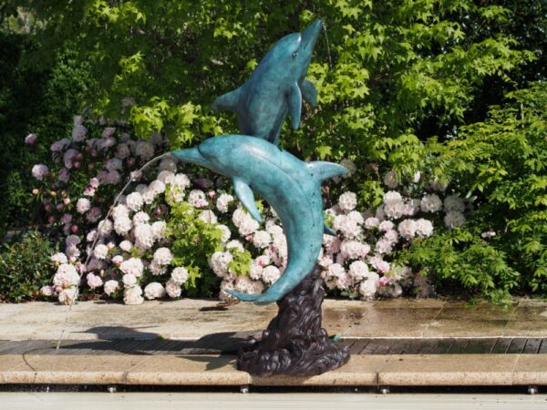 Verdigris Dolphin Pair Fountain Solid Bronze Sculpture 1 | Avant Garden Bronzes