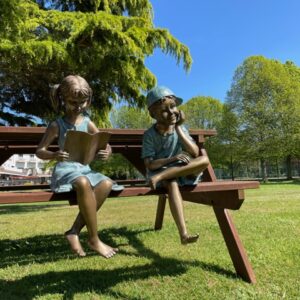 Literary Girl & Boy with Cap Solid Bronze Sculpture 2 | Avant Garden