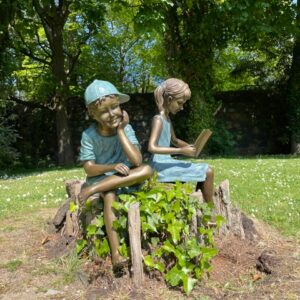 Literary Girl and Boy with Cap Solid Bronze Sculptures
