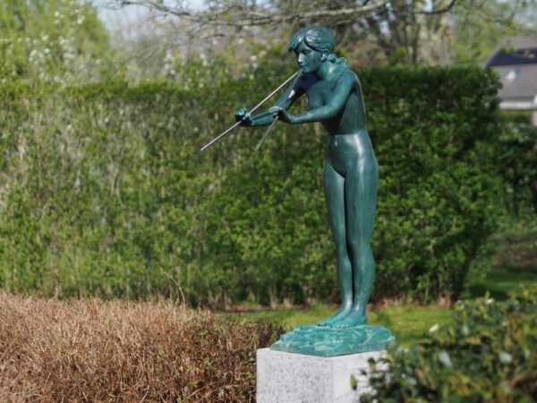 Verdigris Pipe Playing Girl Bronze Sculpture 1 | Avant Garden Bronzes