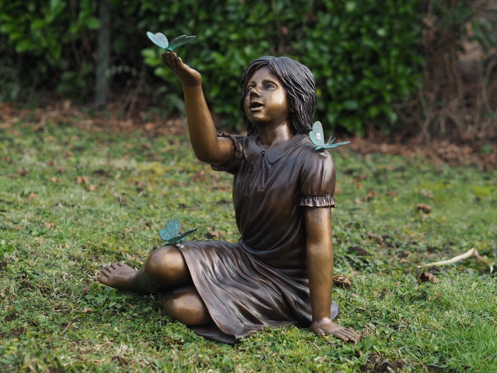 Young Girl Sitting Playing With Butterflies FIGI 2 1 | Avant Garden Bronzes