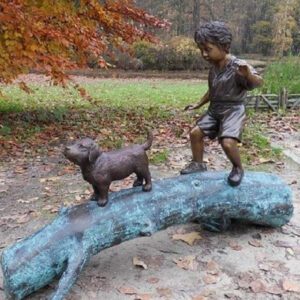 BO 37 Fine Cast Bronze Boy Dog Tree Trunk Sculpture 1 Avant Garden Bronzes
