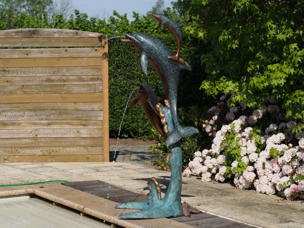 Bronze Dolphin Verdigris Family Fountain Fish Sculpture Water Feature FO 89 1 | Avant Garden Bronzes